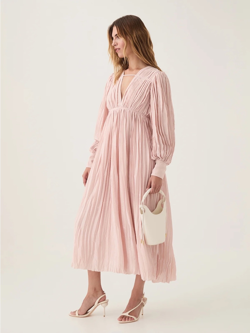 Aje Blush Pink Pleated Midi Dress with V-Neck